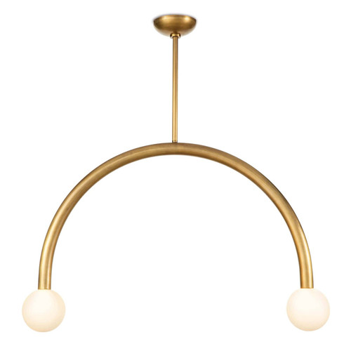 Happy Pendant Large Natural Brass light fixture with an arched metal frame and two matte white glass globes.