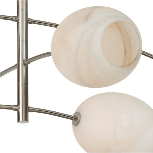 Artemis Chandelier: Polished nickel frame with open-ended, alabaster-like glass globes. Modern mobile design.