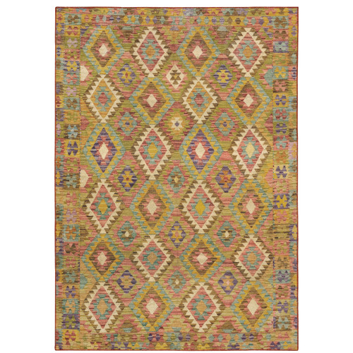 Malibu Gold & Multi-Colored Washable Rug with geometric diamond pattern, 100% polyester.