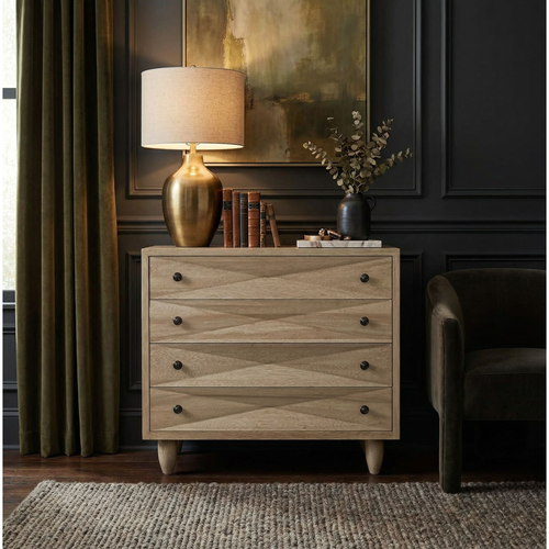 Washed walnut Diamond Chest with large diamond carvings, metal pulls, and peg legs.