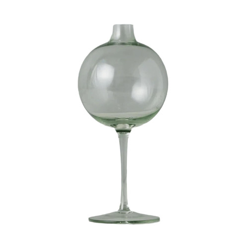 Sage green glass wine glass vase with a spherical body and a slender stem, 8.75"H.