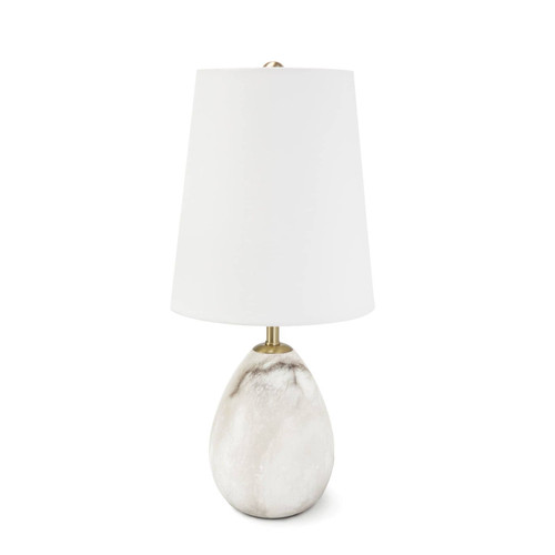 Jared Alabaster Mini Lamp with an oval, veined alabaster base, polished brass accents, and a white linen shade.
