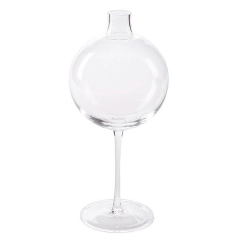 Clear glass vase with a spherical body and a slender wine glass stem on a round base.