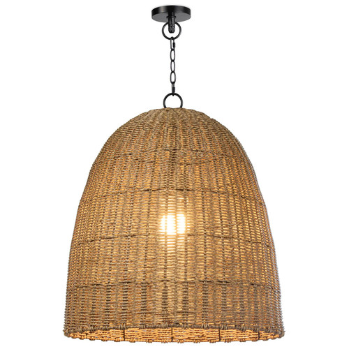 Large beehive-shaped outdoor pendant light with weathered natural woven rattan and black chain.