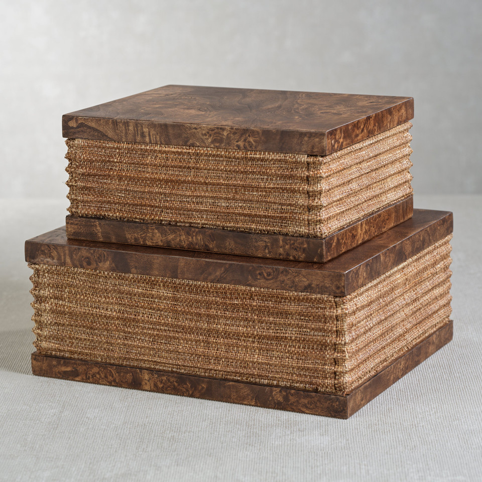 Rosso Burlwood & Raffia Decorative Box, Large - Box Top View | Bone & Brass