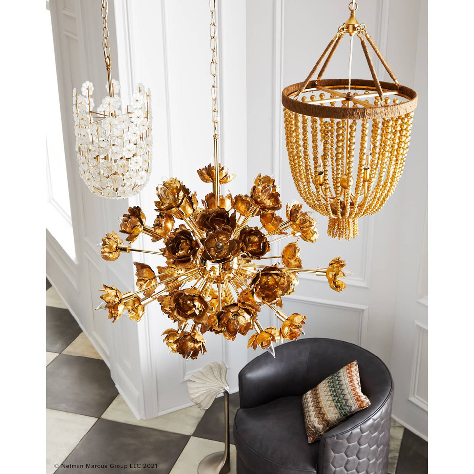 Adeline Chandelier: Gold blossom-like chandelier with abstract floral design, 32"H x 33"W.