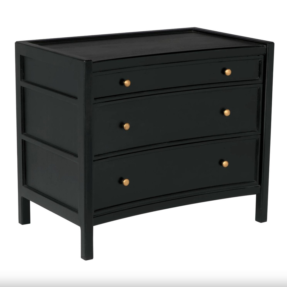 Black mahogany Hampton side table with three drawers and brass pulls.