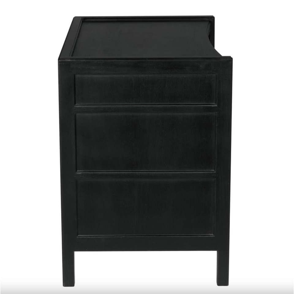 Black mahogany Hampton side table with three drawers and classic design.