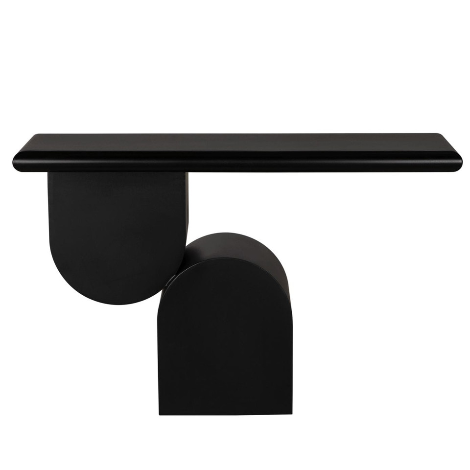 Frayer Black Console Table: sleek matte black industrial steel with unique geometric base.