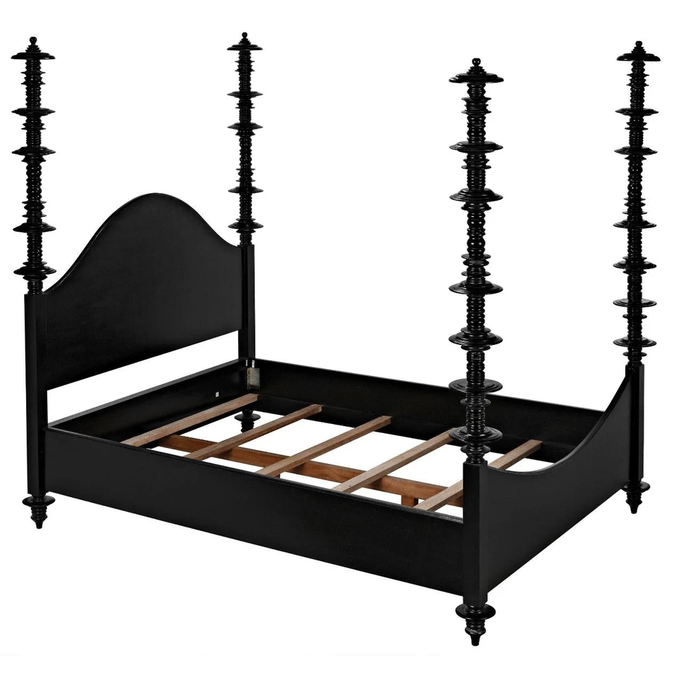 Black mahogany four-poster bed with hand-carved, turned posts and a curved headboard.