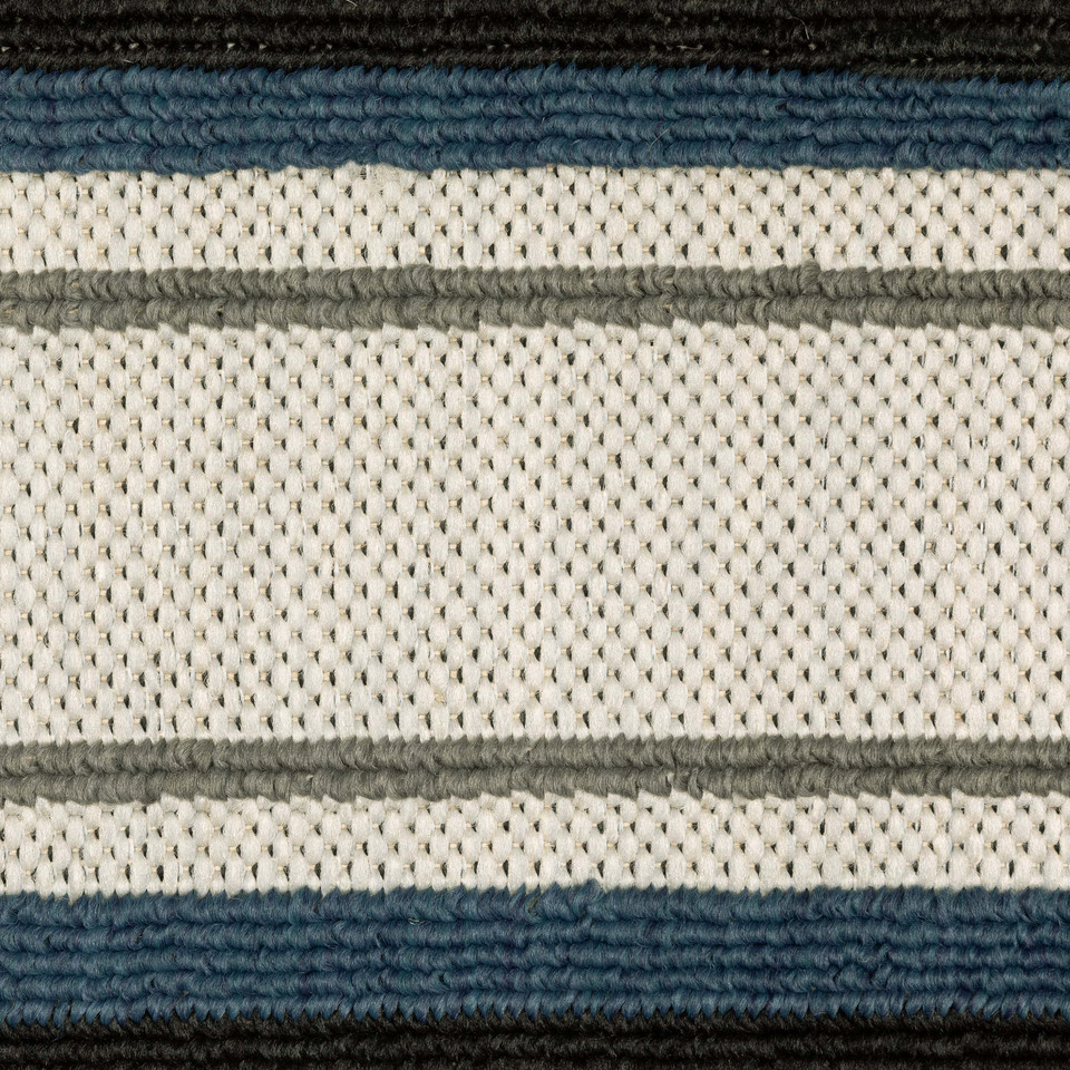 Torrey Beige & Blue Outdoor Rug with flatwoven platinum base and tri-colored loop pile stripes.