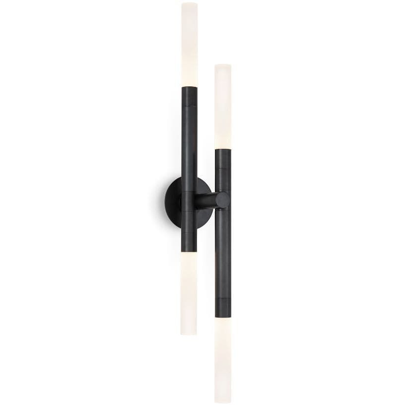 Black Cass Wall Sconce with two rotating arms and frosted acrylic bulb covers, 38.25" tall.