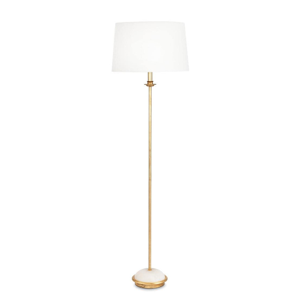 Fisher Floor Lamp with gold-leaf body, natural alabaster base, and white linen shade.