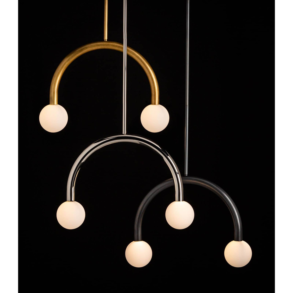 Happy Pendant Small in oil rubbed bronze, chrome, and brass with matte white glass globes.