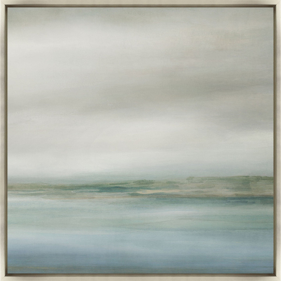 Coastline III Giclee Painting: abstract coastal art with soft blues, greens, and grays in a light frame.