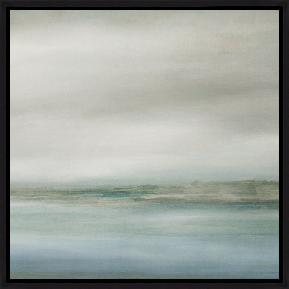 Coastline III Giclee Painting, a framed abstract landscape with soft blues, greens, and grays.