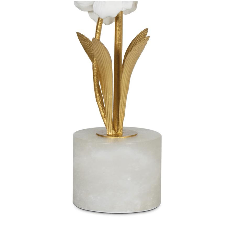 Thylane Orchid Buffet Lamp with a solid alabaster base, gold leaf metal leaves, and white porcelain blossoms.