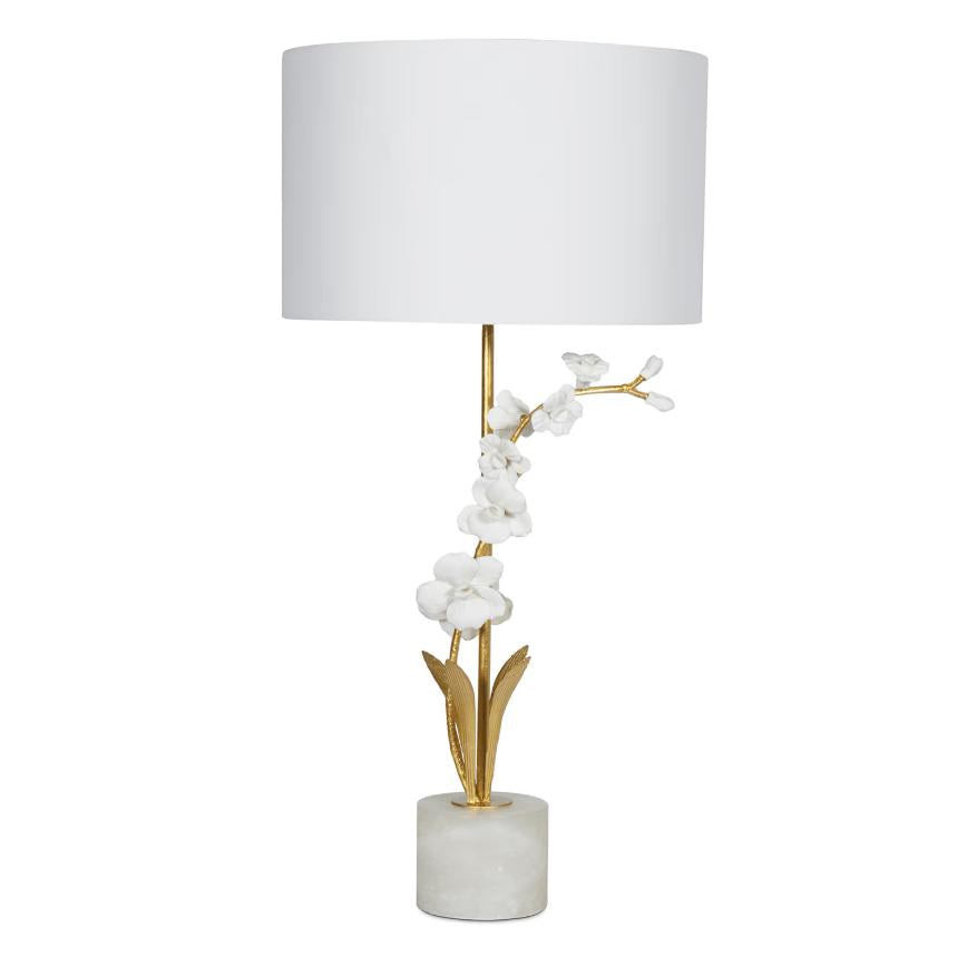 Thylane Orchid Buffet Lamp: white linen shade, alabaster base, gold leaf metal leaves, and white porcelain orchid blossoms.