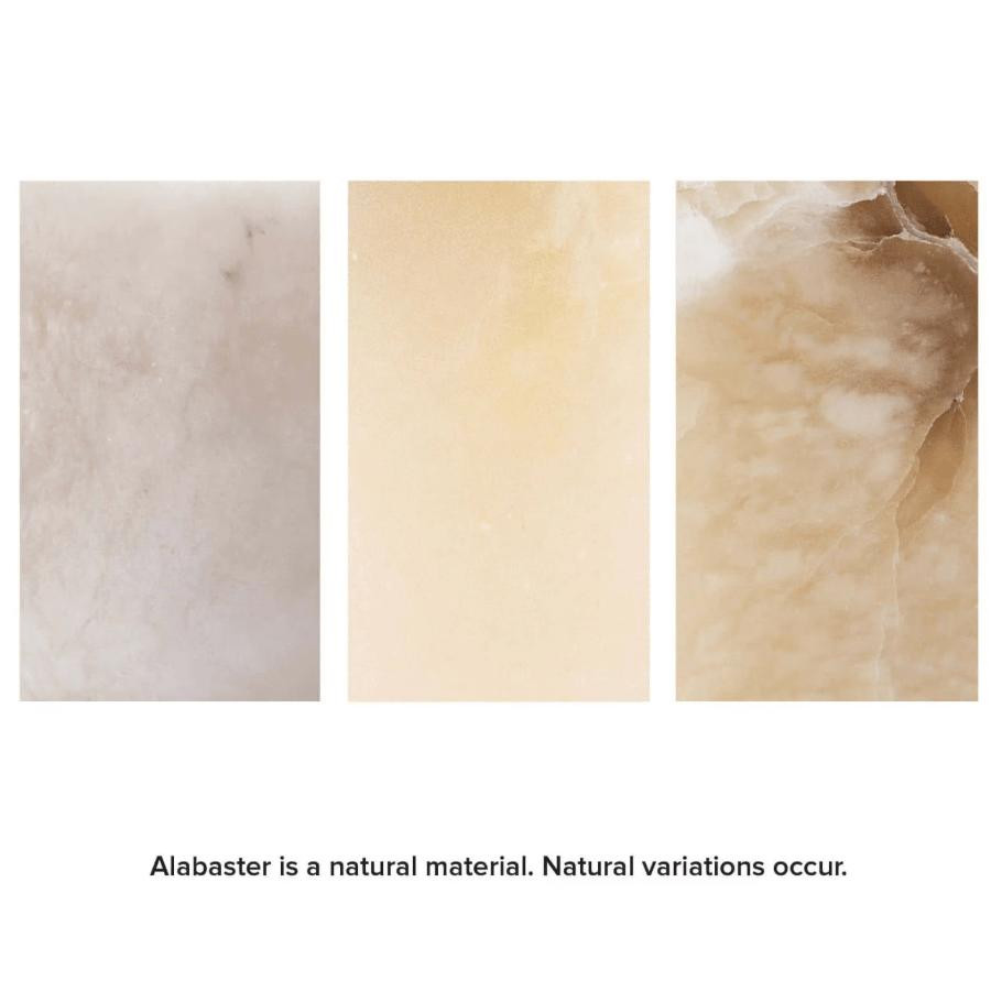 Three alabaster swatches showing natural variations from light cream to warm beige with subtle veining.
