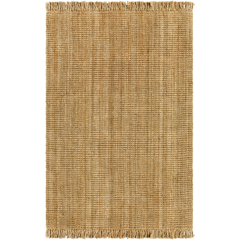 Light brown, hand-woven chunky jute rug with a natural texture and fringed edges.
