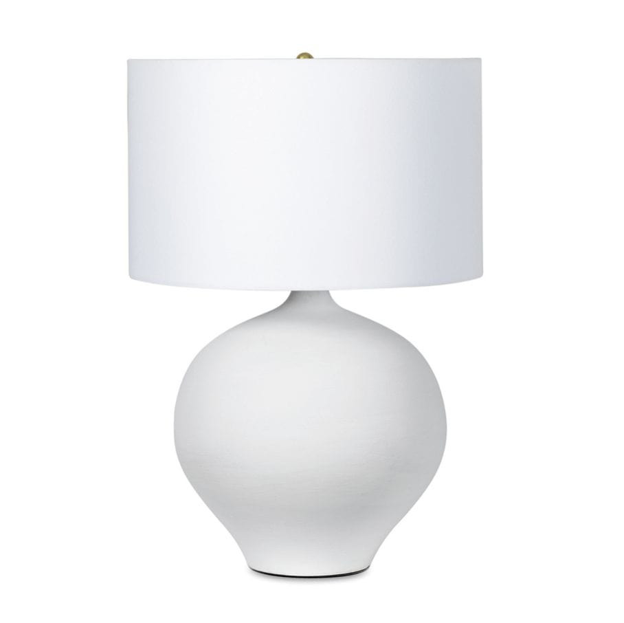 White ceramic table lamp with a rounded base and a crisp natural linen shade.