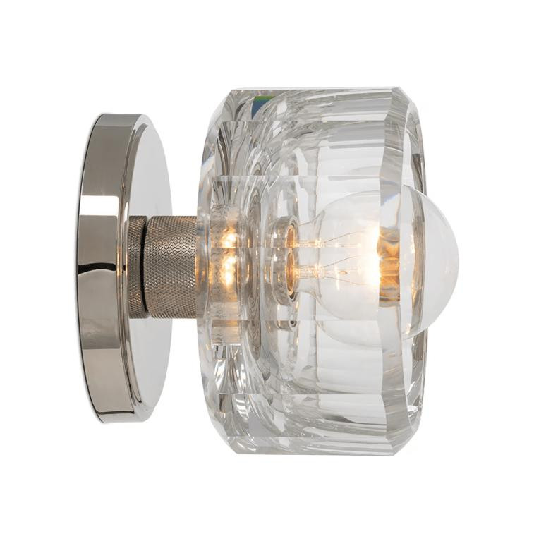 Bijoux Crystal Flush Mount with a clear, chunky cut crystal and polished nickel canopy.
