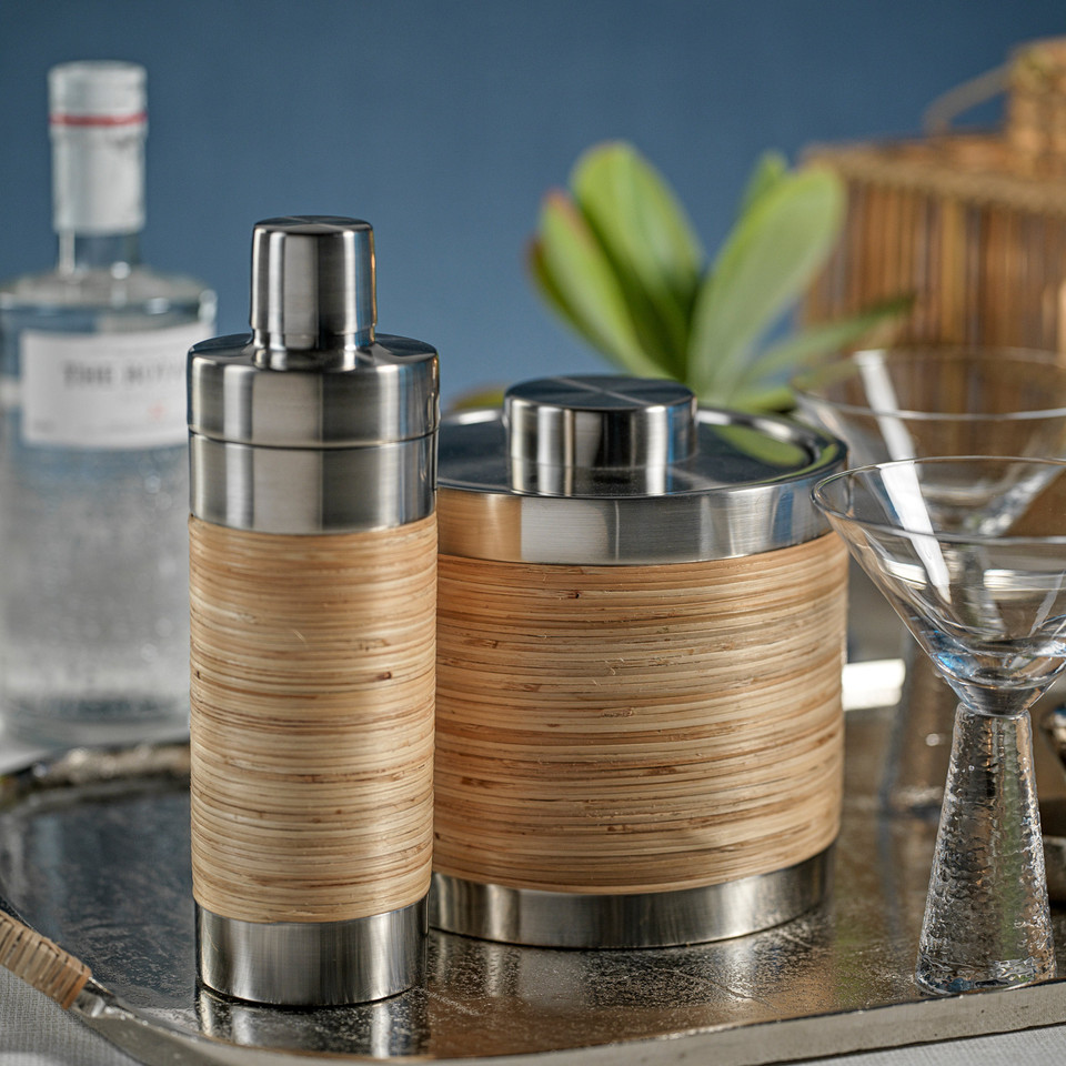 Timaru Rattan Matt Steel Cocktail Shaker - Bar Set Detail | Bone & Brass
