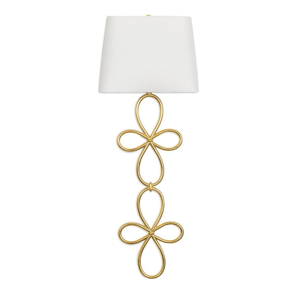 Minuet Gold Leaf Sconce: Elegant gold leaf wall sconce with two intertwined floral loops and a white linen shade.