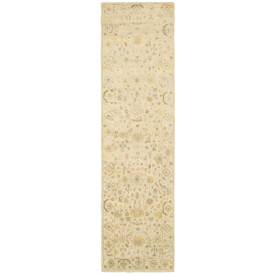 Long Palace Beige & Grey Traditional Wool Runner Rug with classic Oushak patterns.