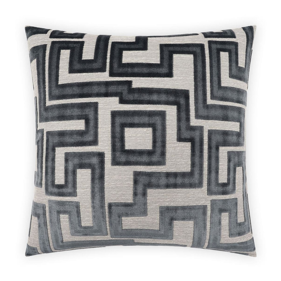 Modernist Steel Charcoal Gray Throw Pillow, 24x24, with a geometric maze pattern and plush texture.