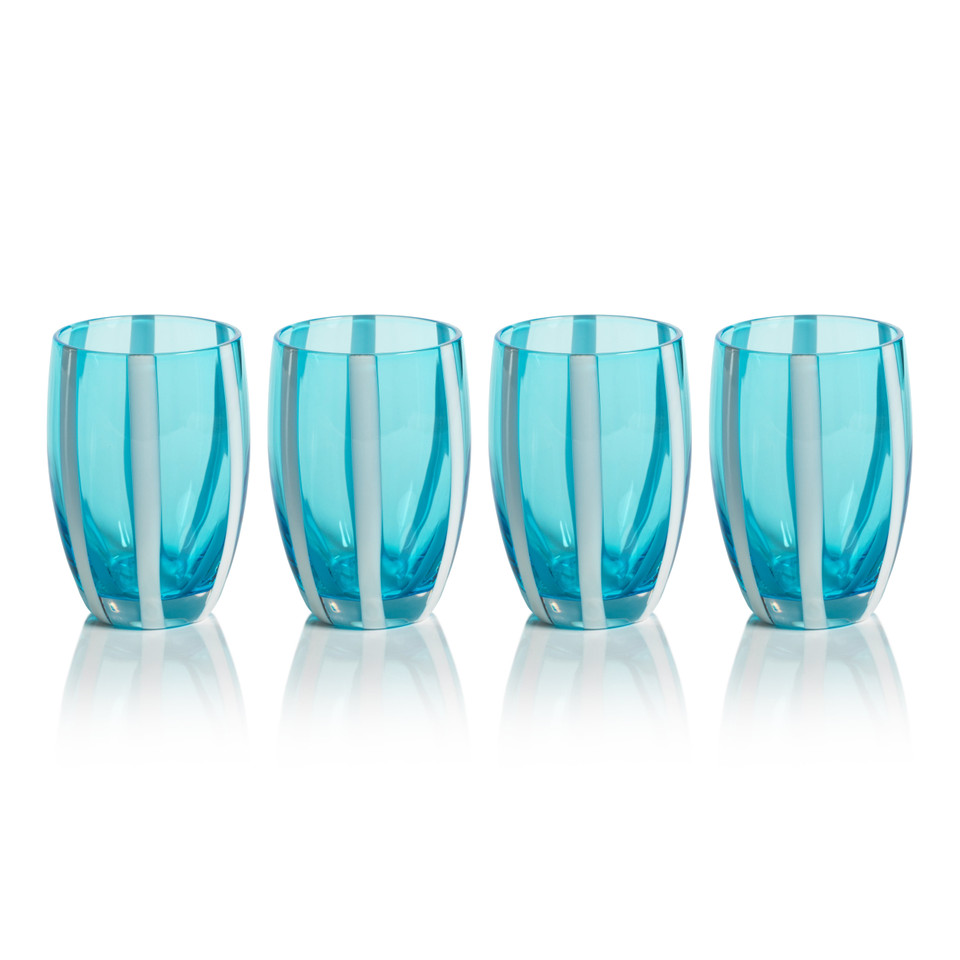 Pesaro Aqua w/ White Stripes Stemless Glasses, Set 4 - Glass Close Up | Bone & Brass