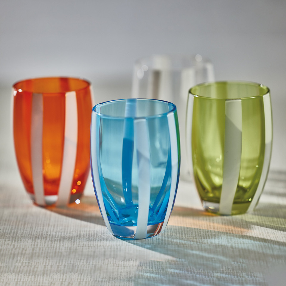 Pesaro Aqua w/ White Stripes Stemless Glasses, Set 4 - Glass View | Bone & Brass