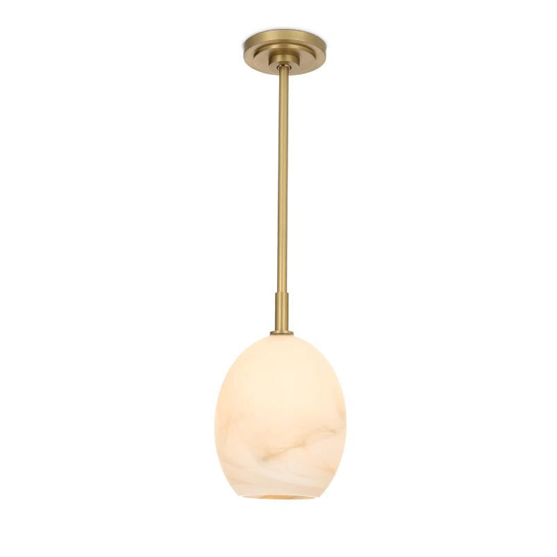 Artemis 17" tall pendant light with a brass pipe and an open-ended alabaster-like glass globe.