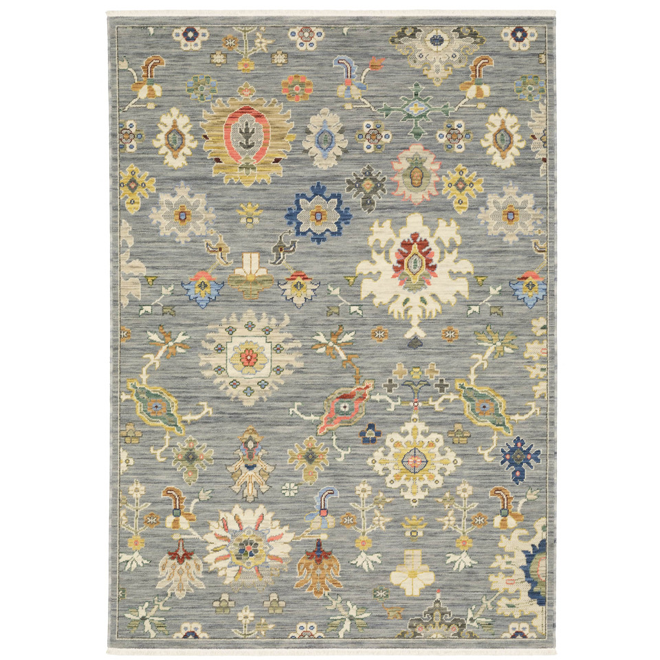 Lucca Grey & Multi Floral Traditional Rug with intricate cross-woven wool/nylon design.
