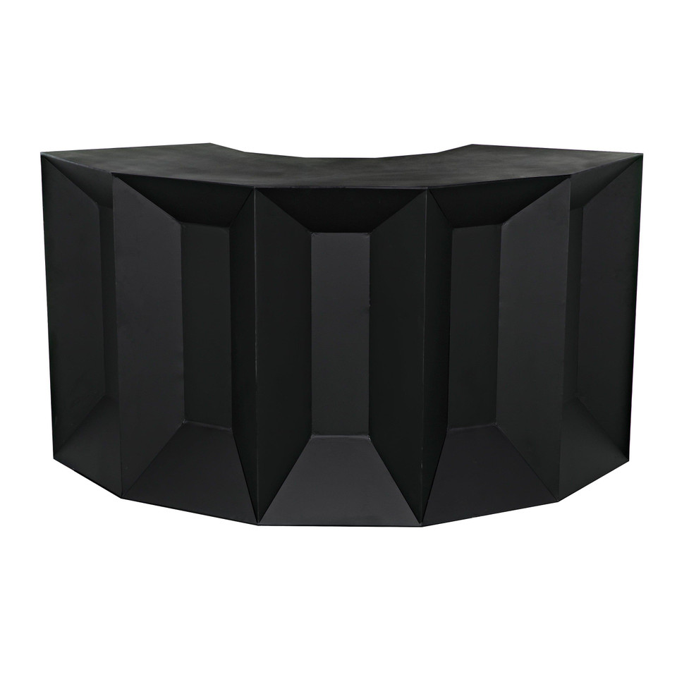 Petra matte black industrial bar with faceted steel framing and curved top.