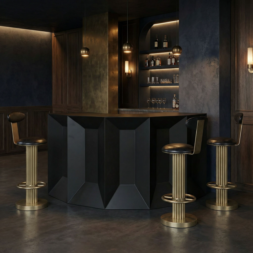 Petra Matte Black Industrial Bar with steel framing, modern design, and three gold-based bar stools.