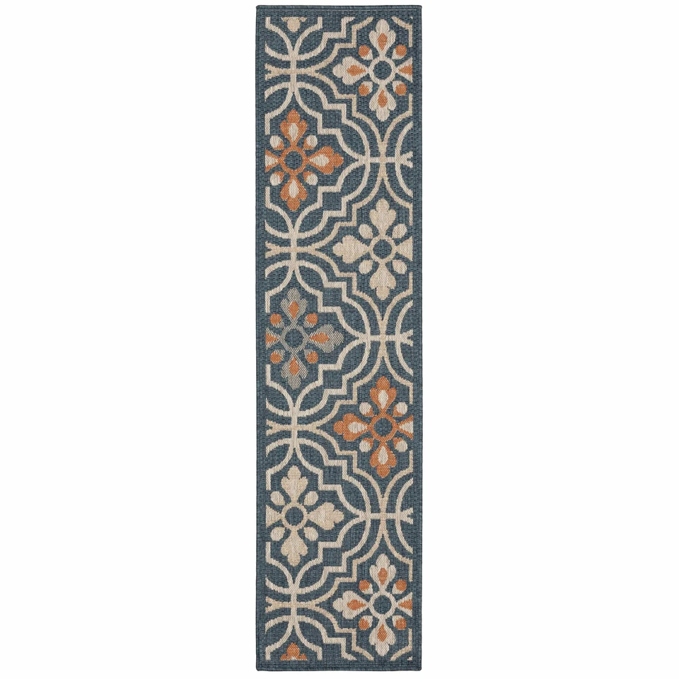 Latitude Blue & Orange Outdoor Rug with traditional-modern polypropylene pattern.