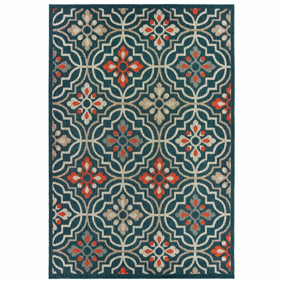 Latitude Blue & Orange Outdoor Rug with traditional and modern patterns, made from durable polypropylene.