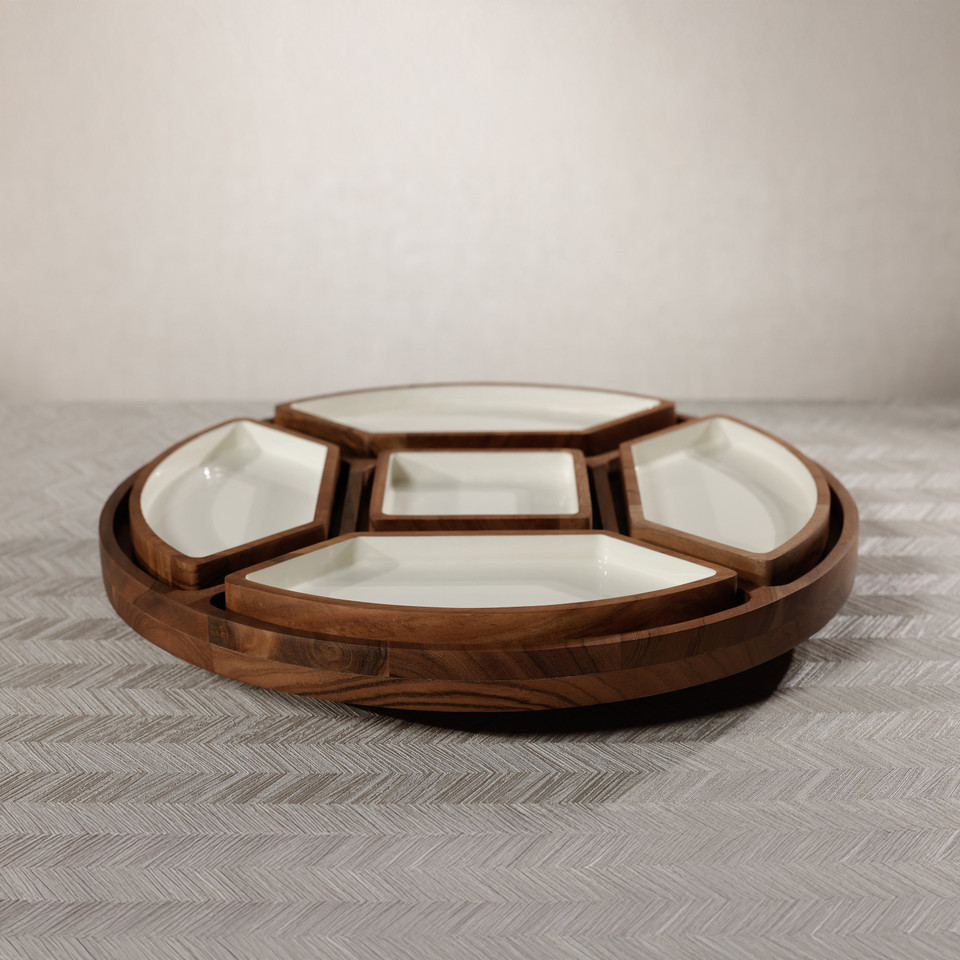 Acacia Wood Lazy Susan Serving Tray with 5 Condiment Sections, view 6