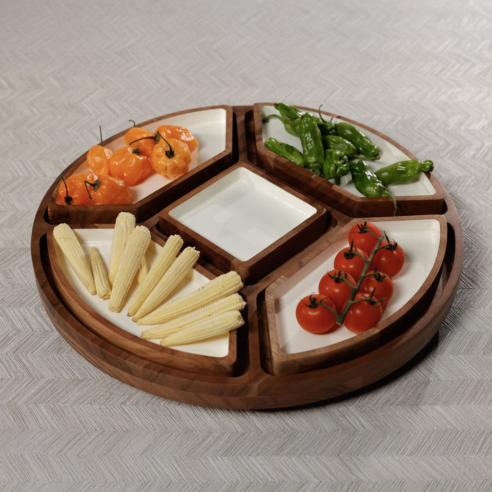 Acacia Wood Lazy Susan Serving Tray with 5 Condiment Sections - Tray Detail | Bone & Brass
