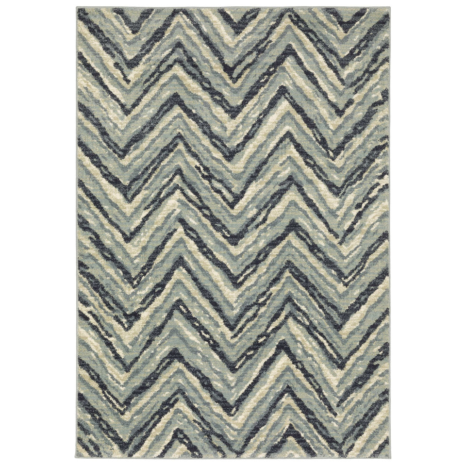 Seneca Blue & Ivory Chevron Rug with dense, high-pile polypropylene texture and modern zigzag pattern.