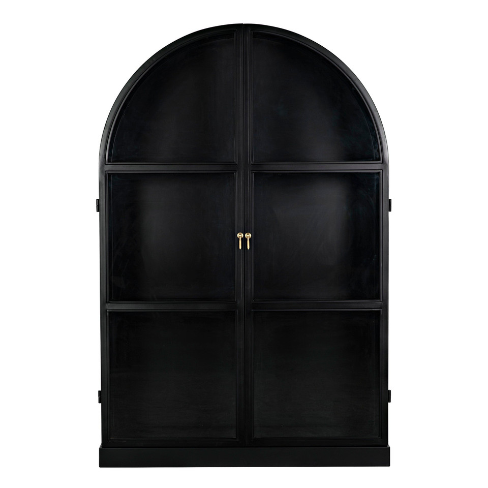 Black steel arched hutch with glass doors and brass handles, 80"H industrial modern design.