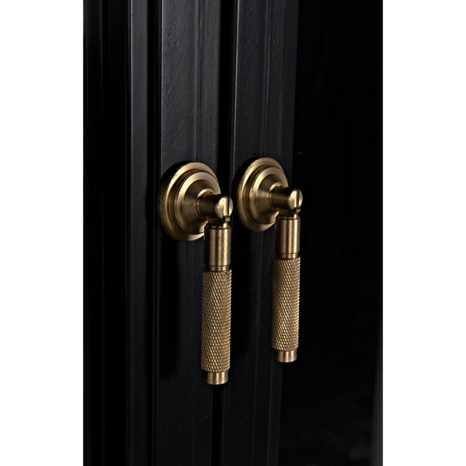 Close-up of Yoke Black Steel Arched Hutch with brass handles, showing detailed craftsmanship.