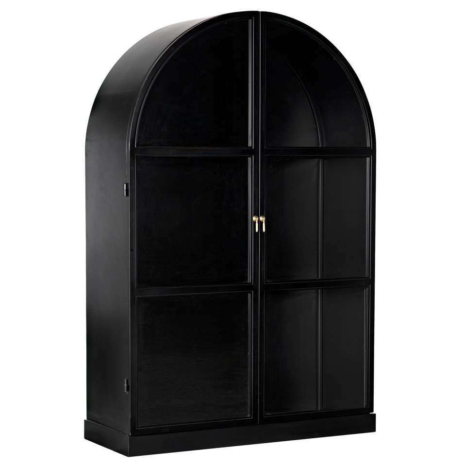 Black steel arched hutch with four doors and gold handles, 80"H industrial design.