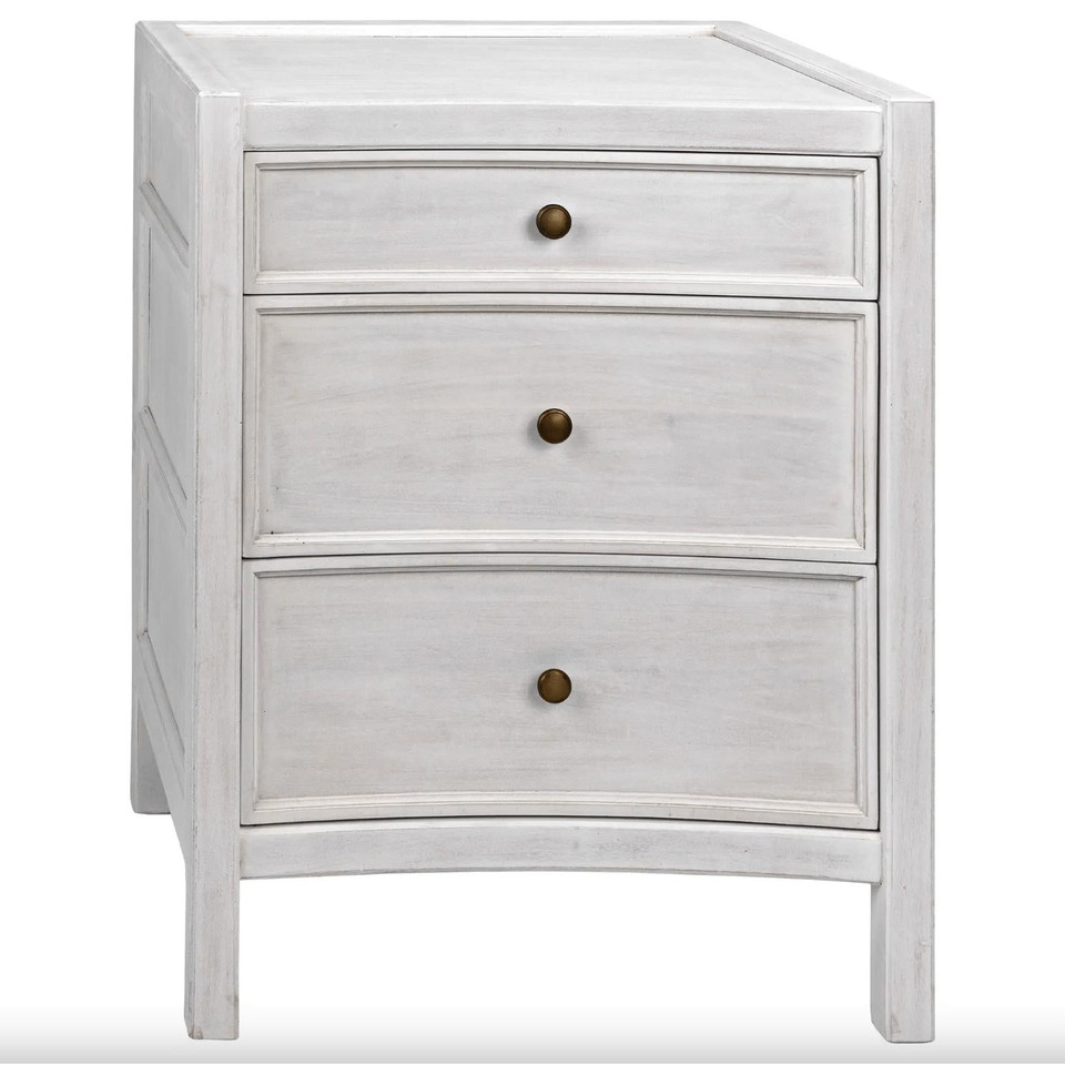 White distressed mahogany nightstand with three drawers and brass knobs.