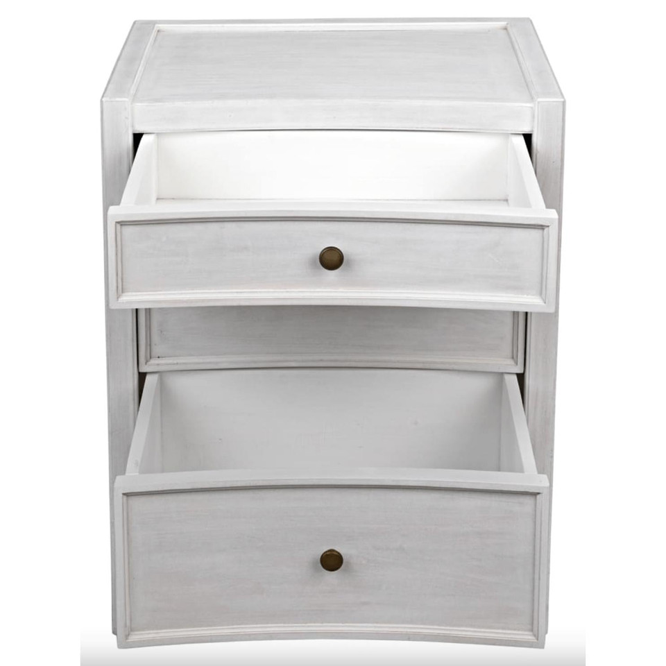 White hand-carved mahogany nightstand with three drawers, two open, and brass knobs.