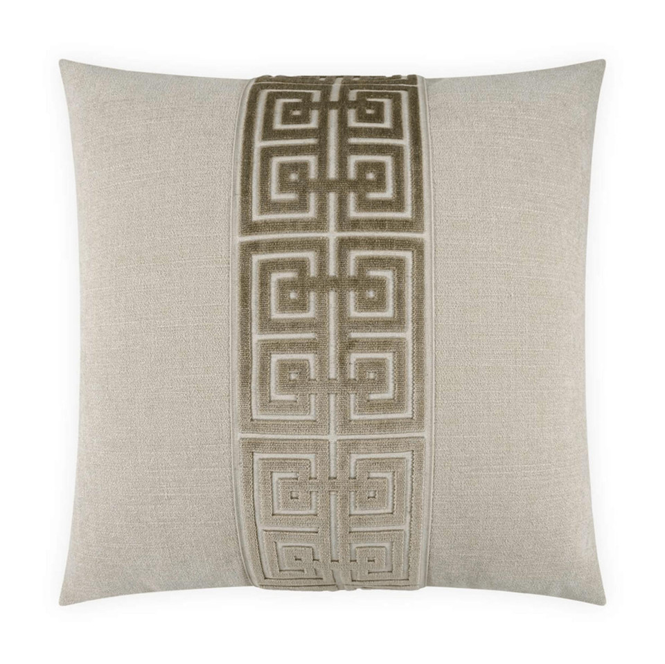 Terus Natural Taupe Throw Pillow, 24" square, with a central embroidered geometric Greek key design.