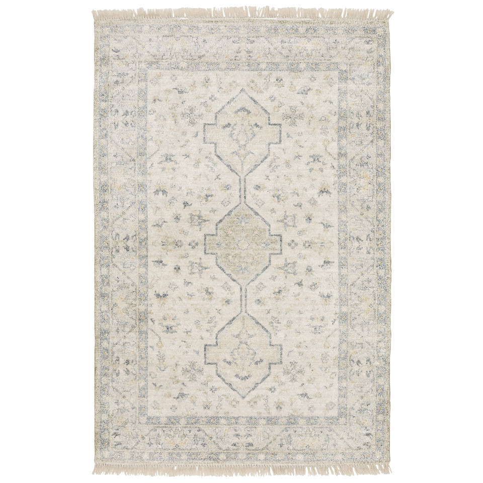 Malabar Beige & Charcoal Traditional Rug with Persian designs, hand-loomed polyester/rayon, and fringe.