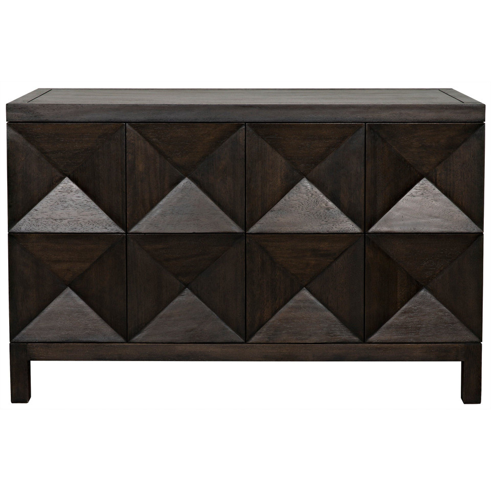 Ebony walnut sideboard with two geometrically carved doors and hidden latches.