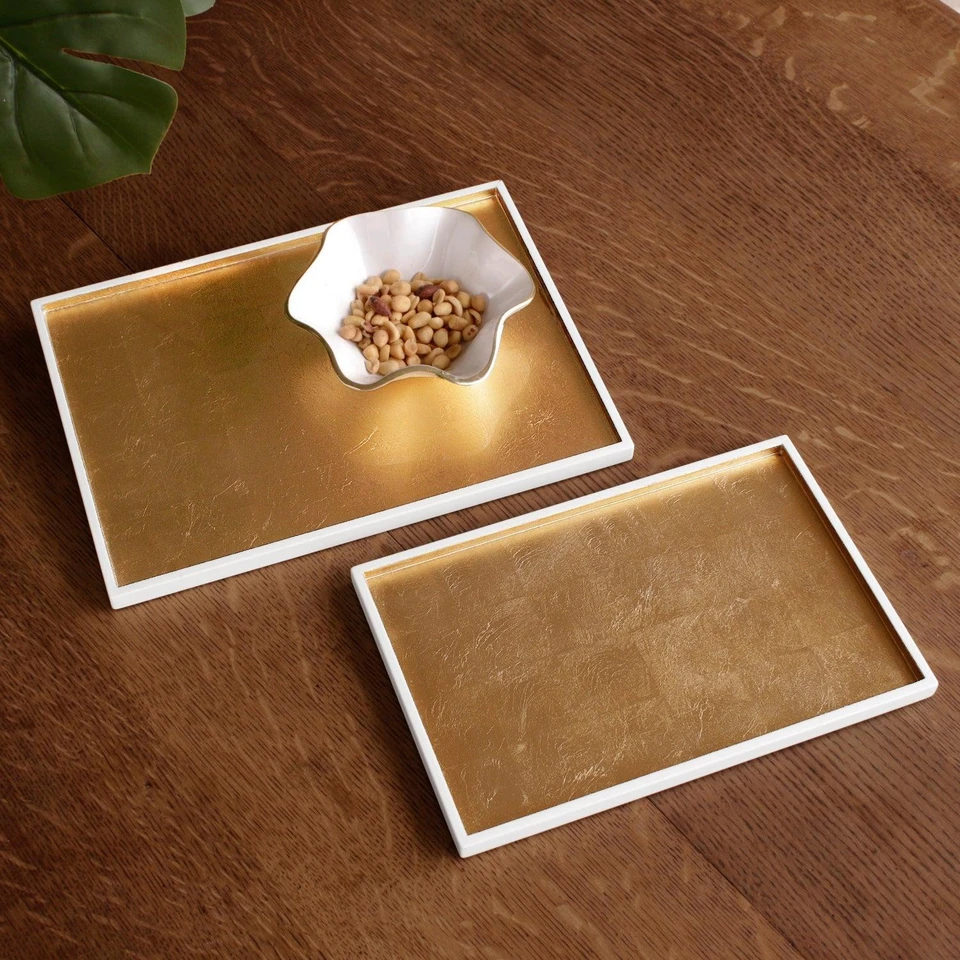 Indochine Rectangle Lacquered Trays Set 2 White Gold - Tray Side View | Bone & Brass